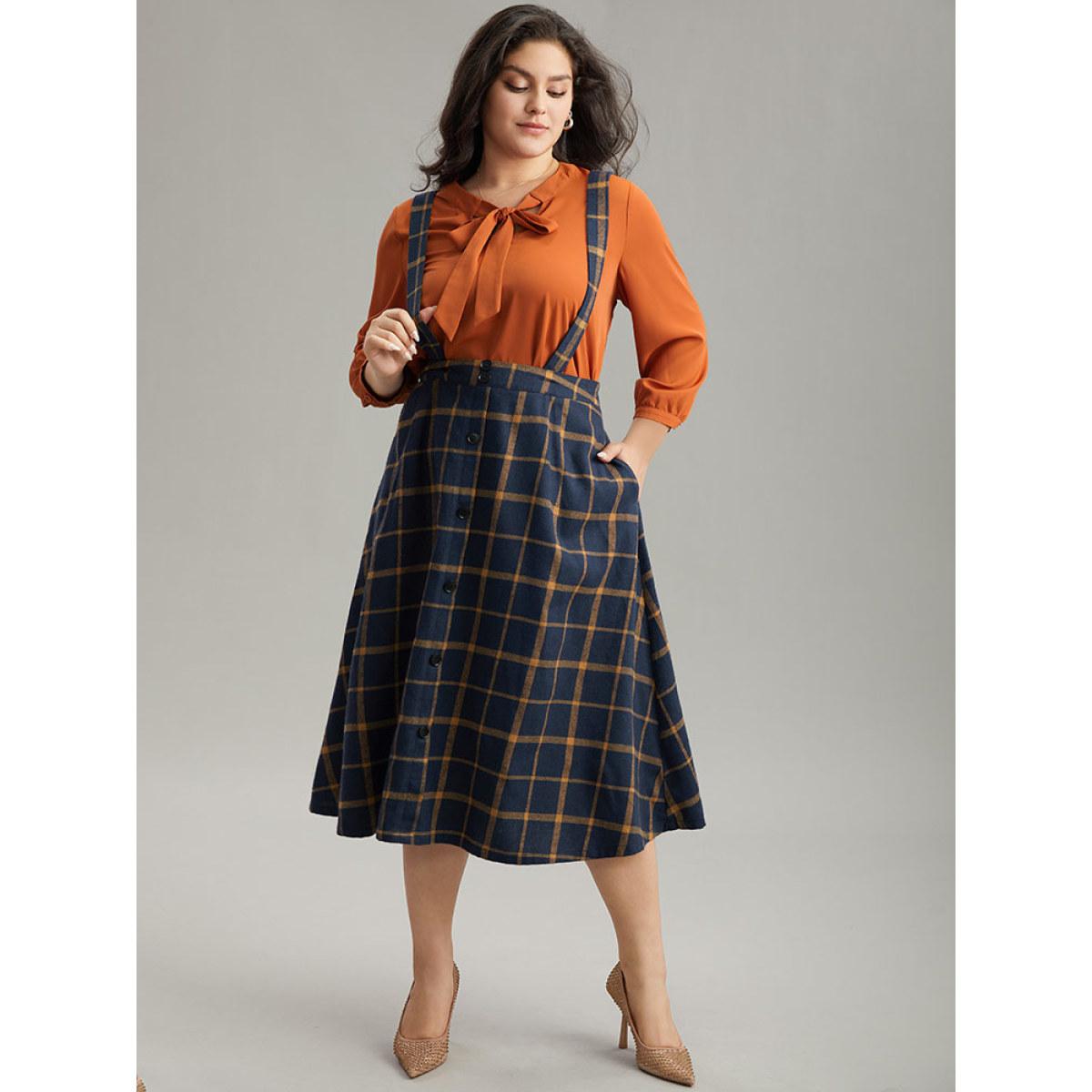 Plus Size Plaid Button Detail Pocket Suspender Skirt Women Indigo Casual Button No stretch Pocket Everyday Skirts BloomChic 10/M Product Image