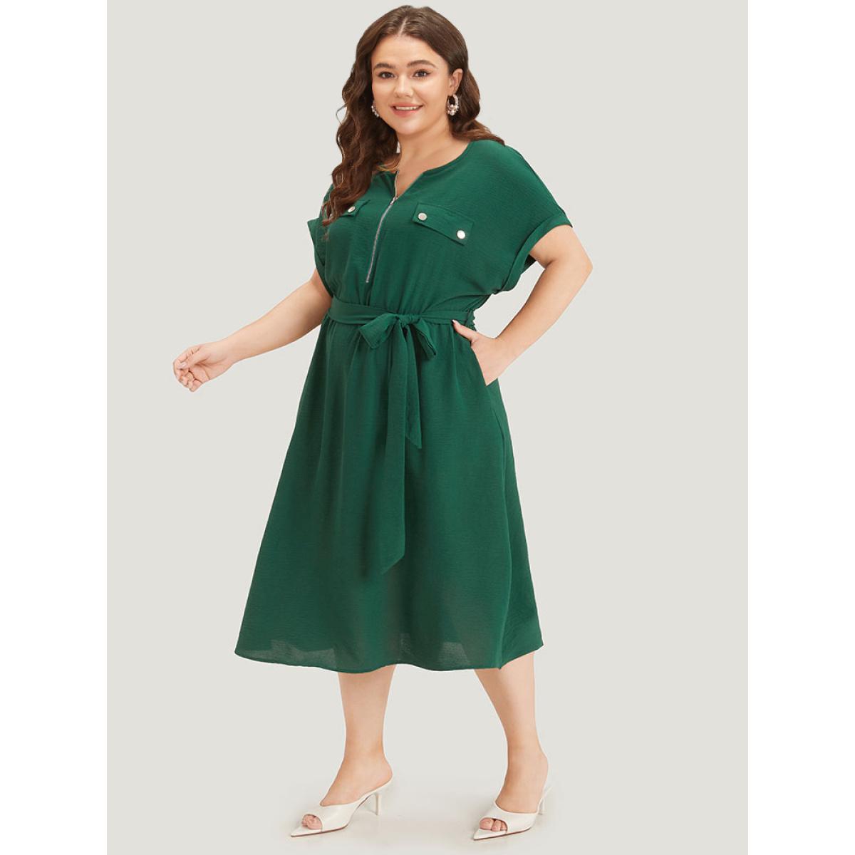 Plus Size Plain Zipper Pocket Button Detail Belted Roll Dress DarkGreen Women Office Plain Round Neck Short sleeve Curvy Midi Dress BloomChic 22-24/3X Product Image