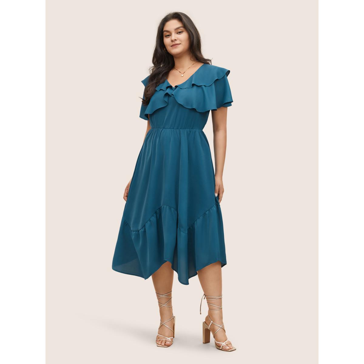 Plus Size Tiered Ruffle Cap Sleeve Asymmetrical Hem Dress Aegean Women Elegant Non V-neck Cap Sleeve Curvy Midi Dress BloomChic 18-20/2X Product Image