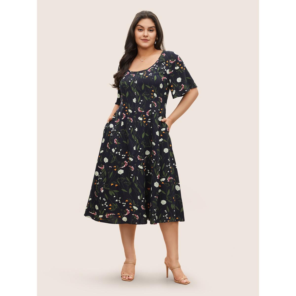 Plus Size Floral Print Patchwork Scoop Neck Dress Indigo Women Elegant Non Short sleeve Curvy Midi Dress BloomChic 26/4X Product Image