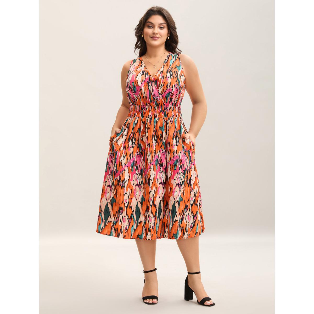 Plus Size Spring Fling Shirred Waist Pockets Midi Dress OrangeRed Women Overlap Collar Sleeveless Curvy BloomChic 30/6X Product Image