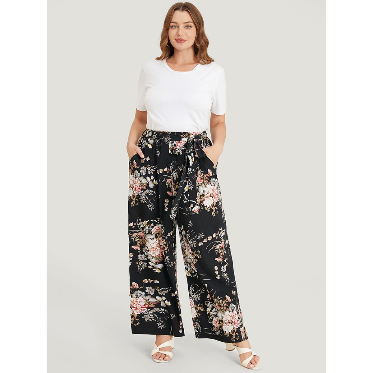 Plus Size Floral Pocket High Rise Wide Leg Belt Pants Women BlackFlower Elegant Loose High Rise Dailywear Pants BloomChic 18-20/2X Product Image
