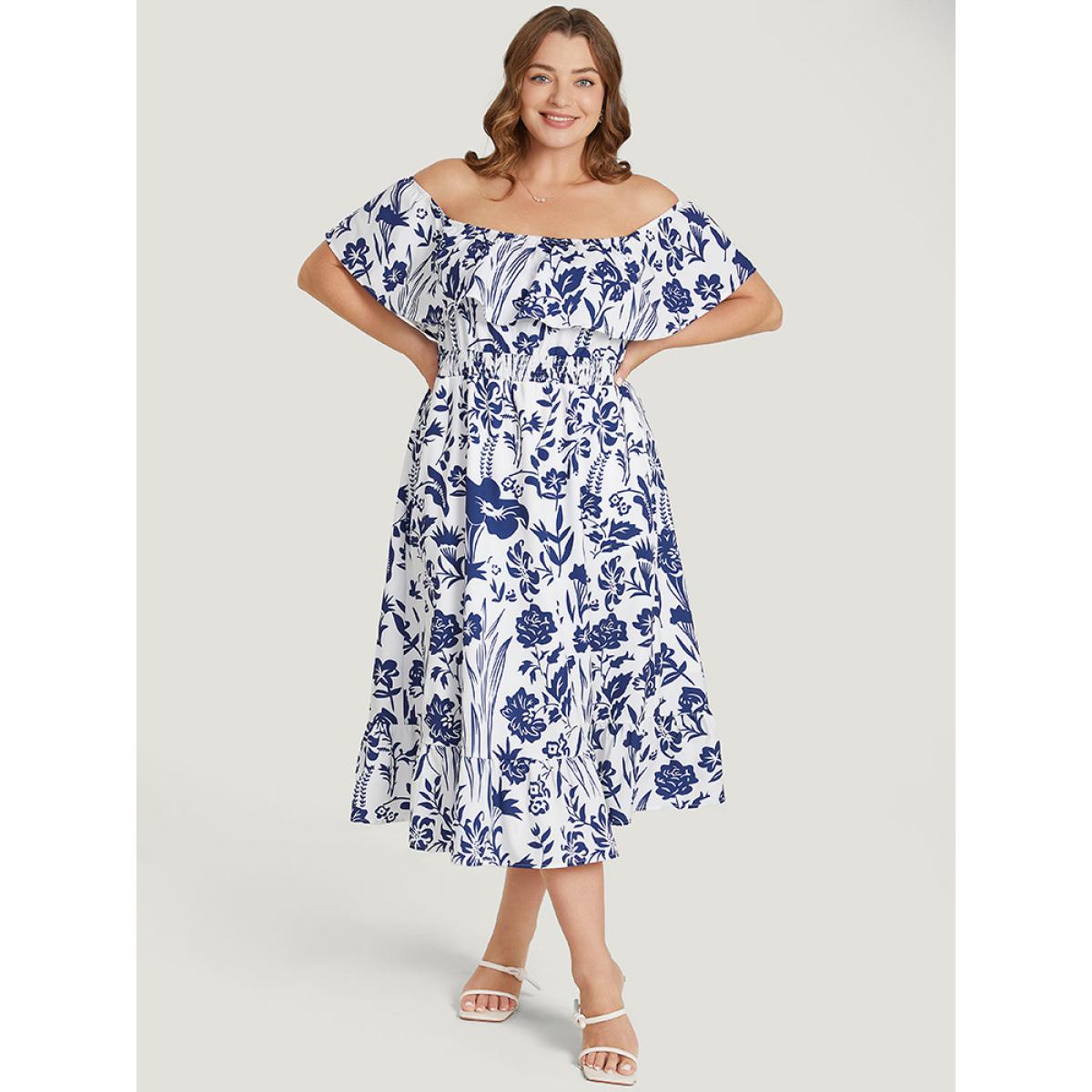 Plus Size Floral Ruffle Trim Square Neck Shirred Pocket Dress Blue Women Elegant Lined Square Neck Short sleeve Curvy Midi Dress BloomChic 26/4X Product Image