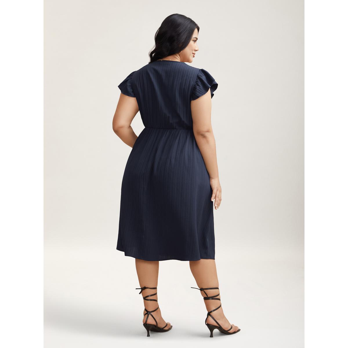 Plus Size Textured Lace Neckline Ruffled Sleeve Dress Navy Women Elegant Woven ribbon&lace trim V-neck Short sleeve Curvy BloomChic 30/6X Product Image