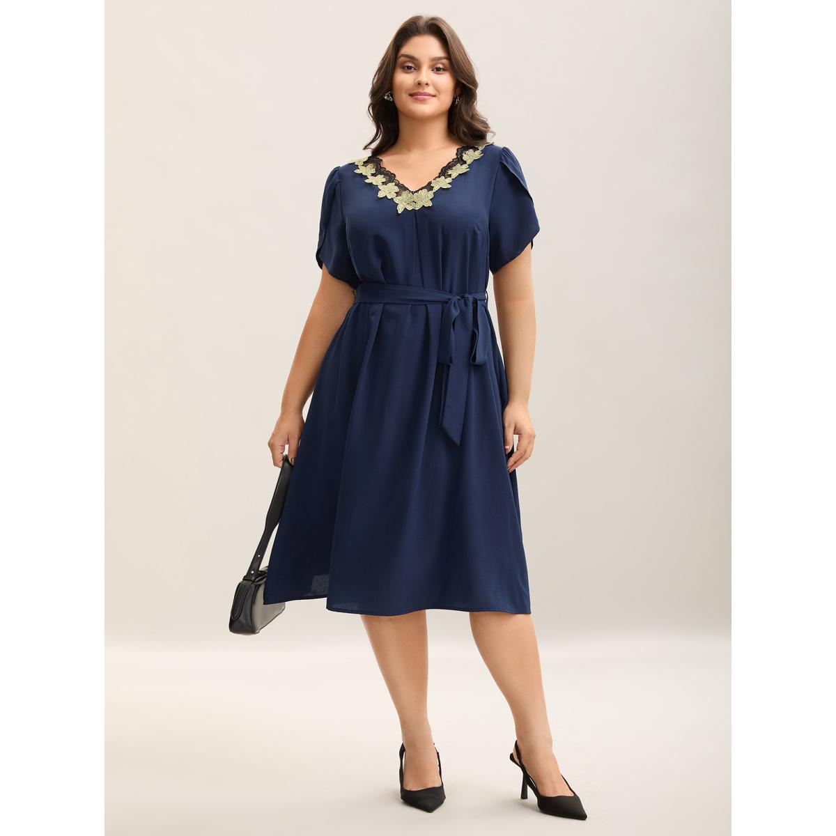 Plus Size Petal Sleeve Pleated Pockets Midi Dress DarkGreen Women Office Round Neck Short sleeve Curvy BloomChic 10/M Product Image