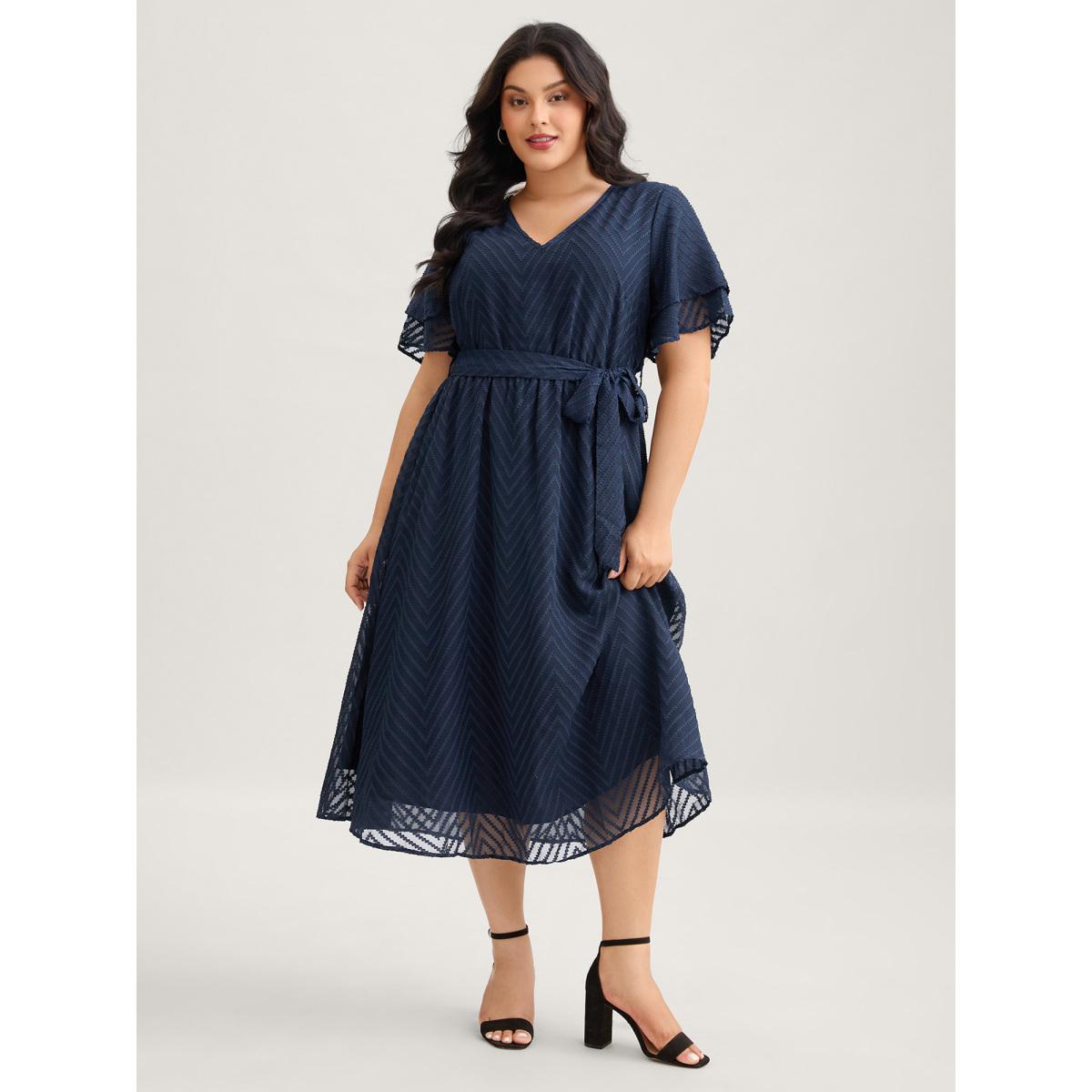 Plus Size Texture Tiered Ruffle Sleeve See Through Dress Navy Women Romantic Texture V-neck Half Sleeve Curvy BloomChic 28/5X Product Image