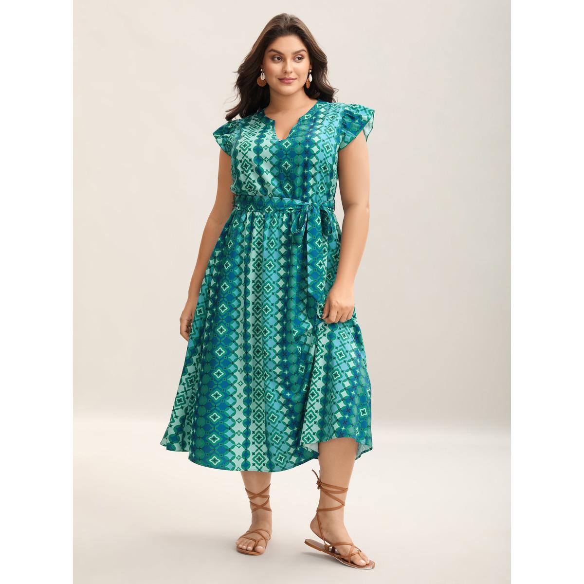 Plus Size Boho Vacation Print Belted Notched Midi Dress Emerald Women Ruffles Notched collar Cap Sleeve Curvy BloomChic 22-24/3X Product Image