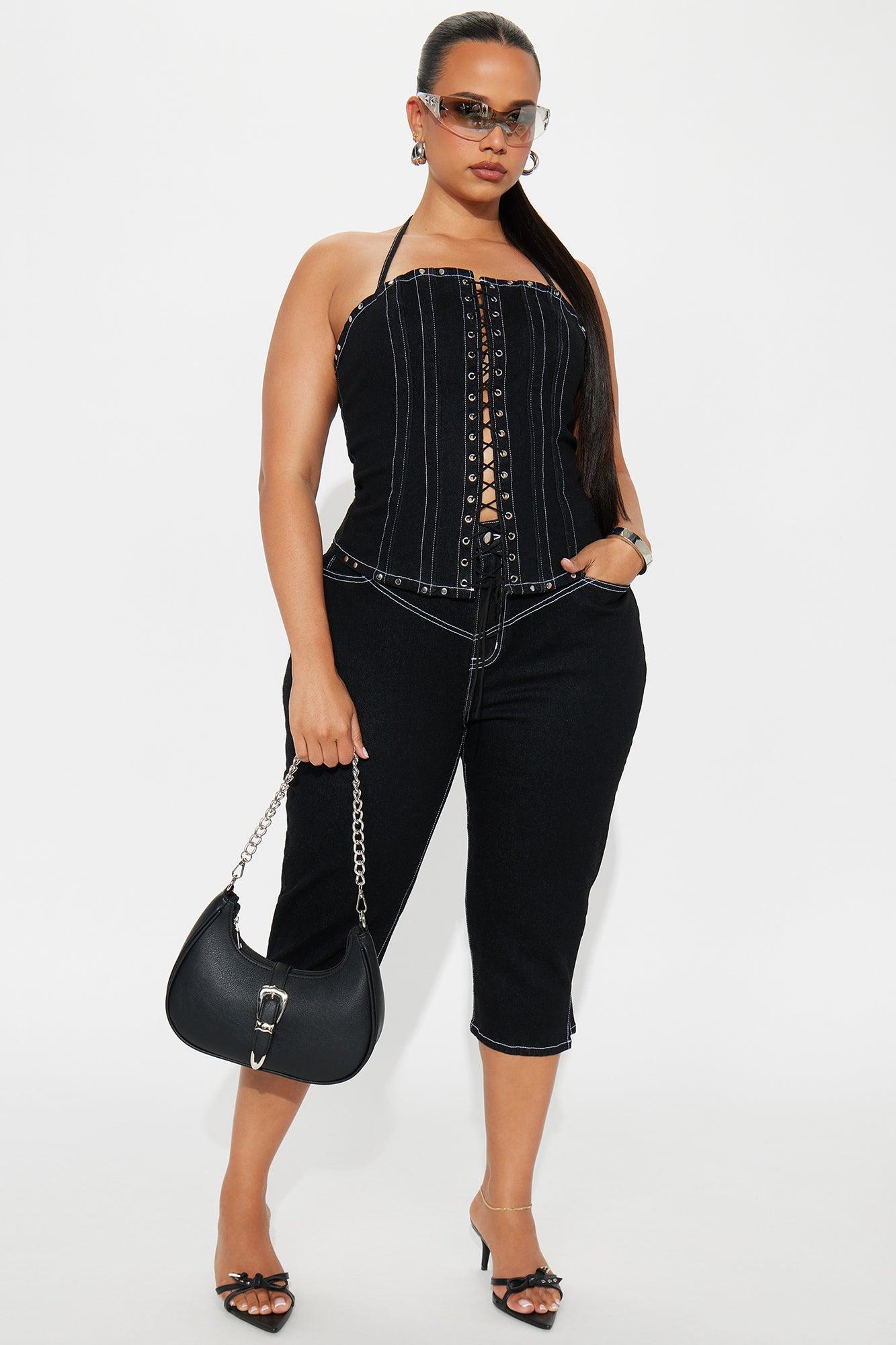 After Dark Lace Up Corset Capri Pant Set  - Black Female Product Image