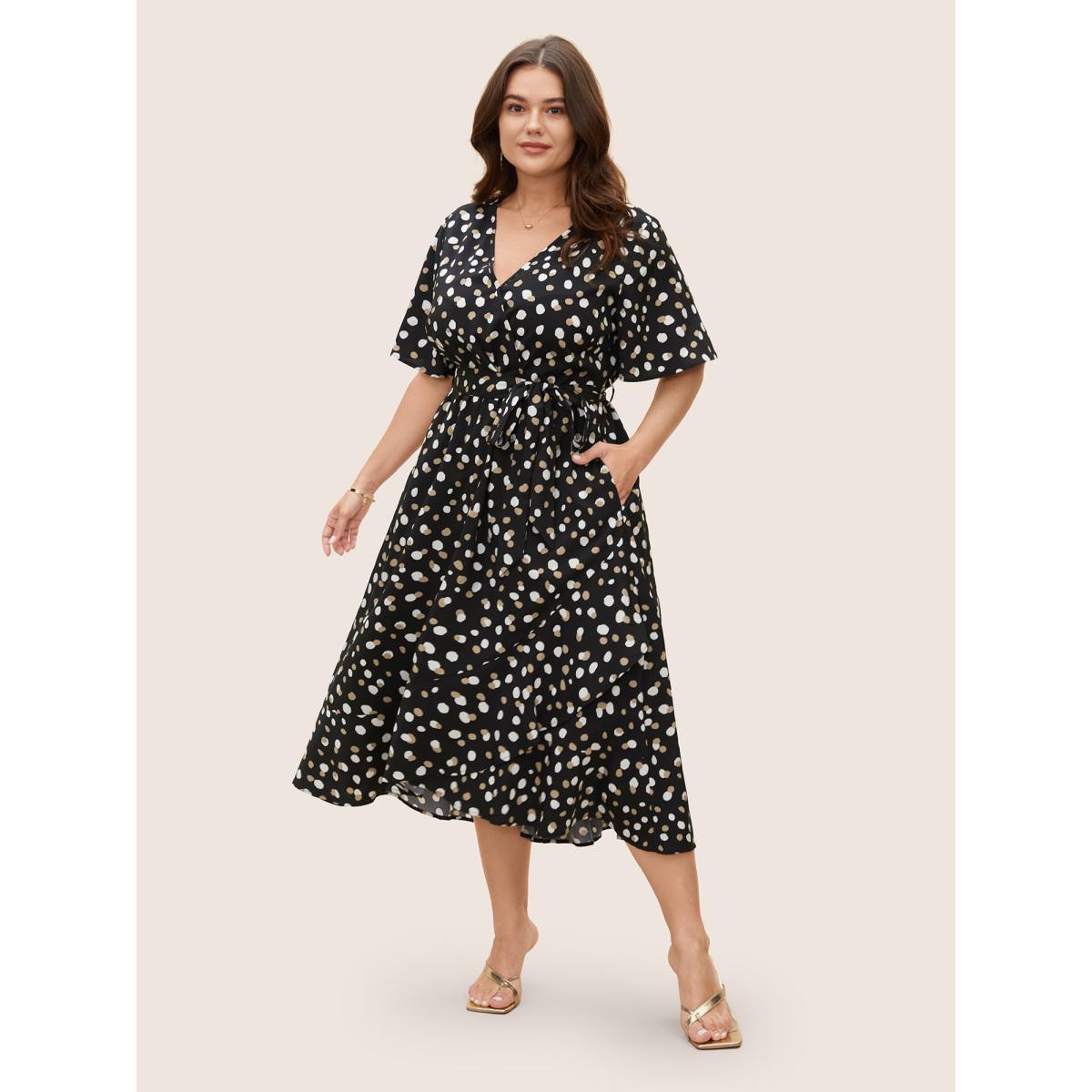 Plus Size Allover Print Wrap Flutter Sleeve Midi Dress Black Women Elegant Belted Overlap Collar Short sleeve Curvy BloomChic 26/4X Product Image