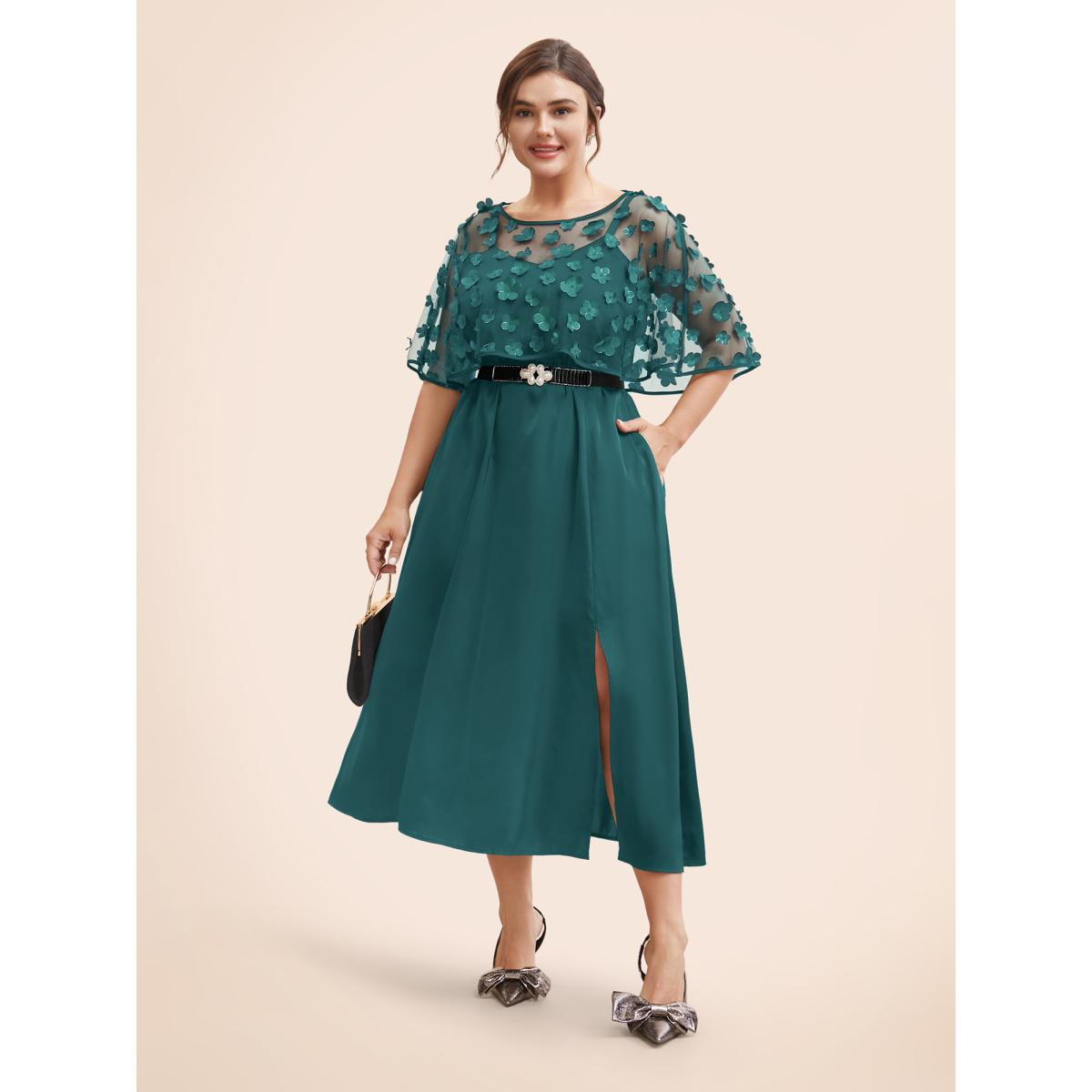 Plus Size Two-Piece Appliques Mesh Shawl Split Hem Dress Teal Women Cocktail Texture Round Neck Short sleeve Curvy BloomChic 10/M Product Image