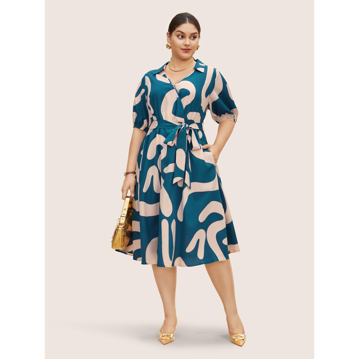 Plus Size Shirt Collar Contrast Geometric Belted Midi Dress Aegean Women At the Office Gathered Shirt collar Half Sleeve Curvy BloomChic 10/M Product Image