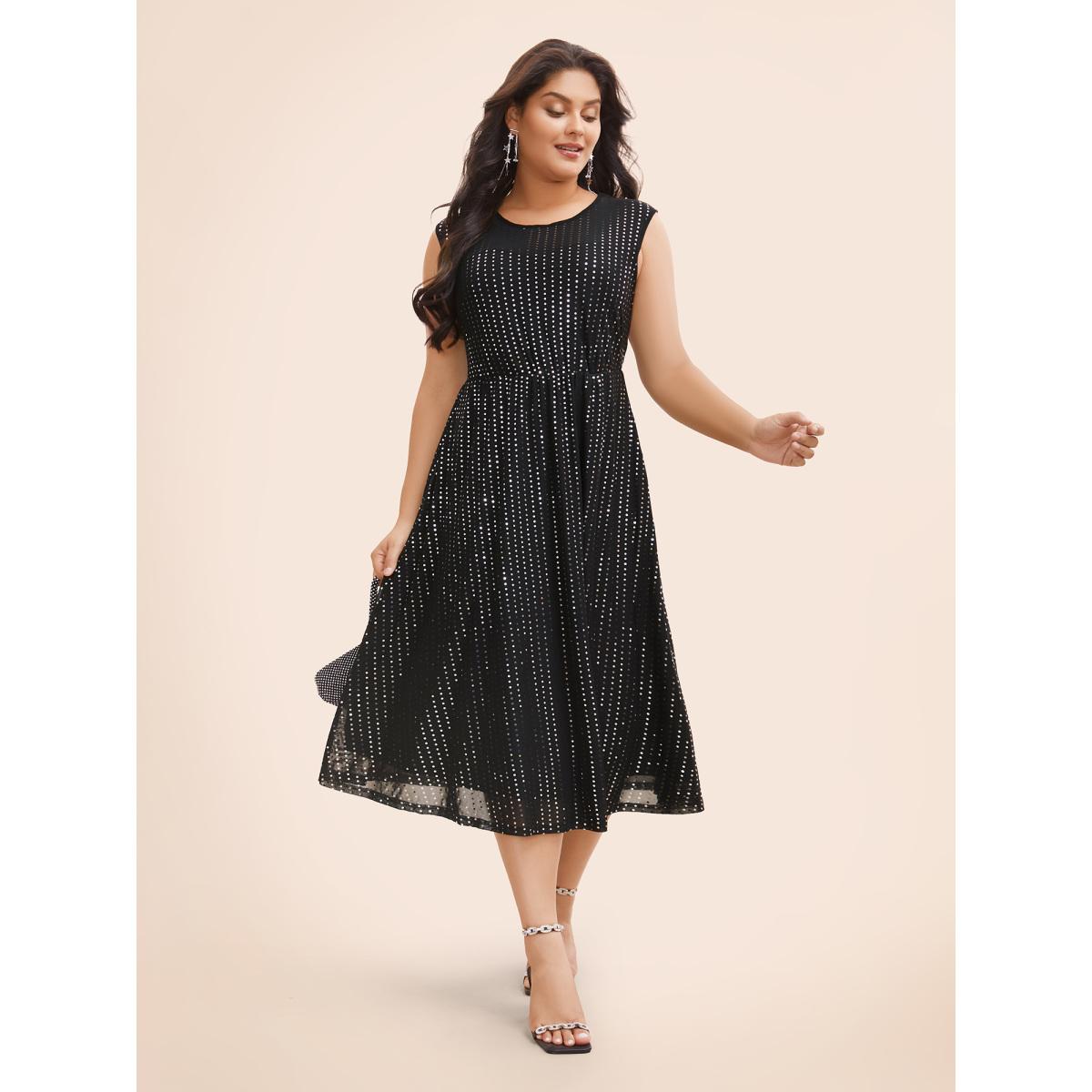 Plus Size Round Neck Sequin Mesh Tank Dress Black Women Cocktail Texture Round Neck Sleeveless Curvy BloomChic 18-20/2X Product Image