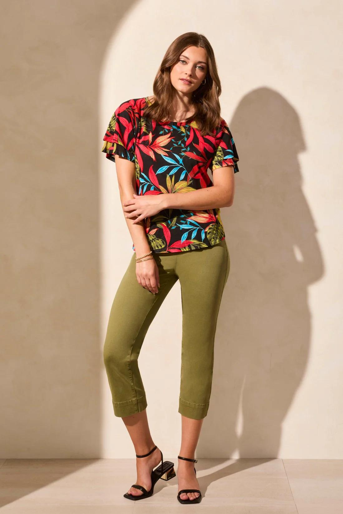 Linen-Blend Ruffle-Sleeve Crew Neck Top Product Image