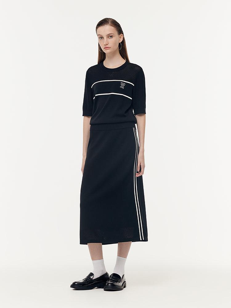 Contrast Stitch Knit Top And Skirt Two-Piece Set Product Image
