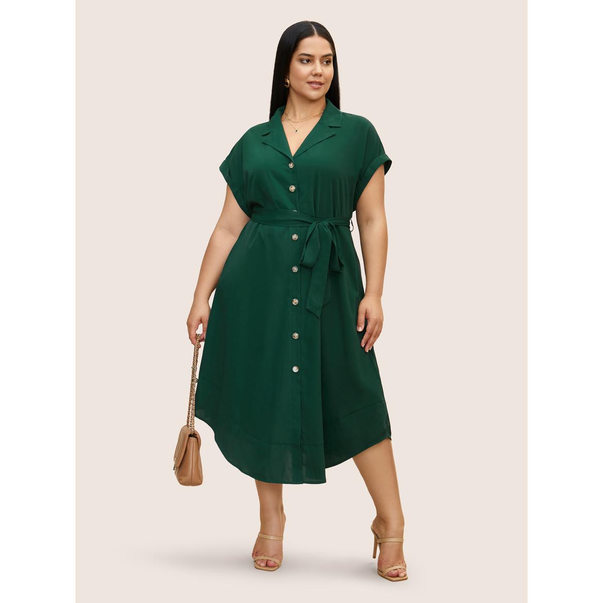 Plus Size Suit Collar Button Detail Batwing Sleeve Dress DarkGreen Women At the Office Belted Suit Collar Cap Sleeve Curvy BloomChic 18-20/2X Product Image