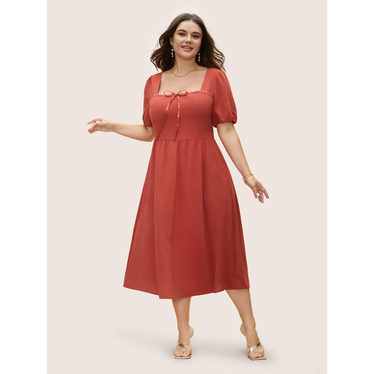 Plus Size Square Neck Woven Ribbon Patchwork Bowknot Dress Rust Women Elegant Woven ribbon&lace trim Square Neck Short sleeve Curvy BloomChic 30/6X Product Image