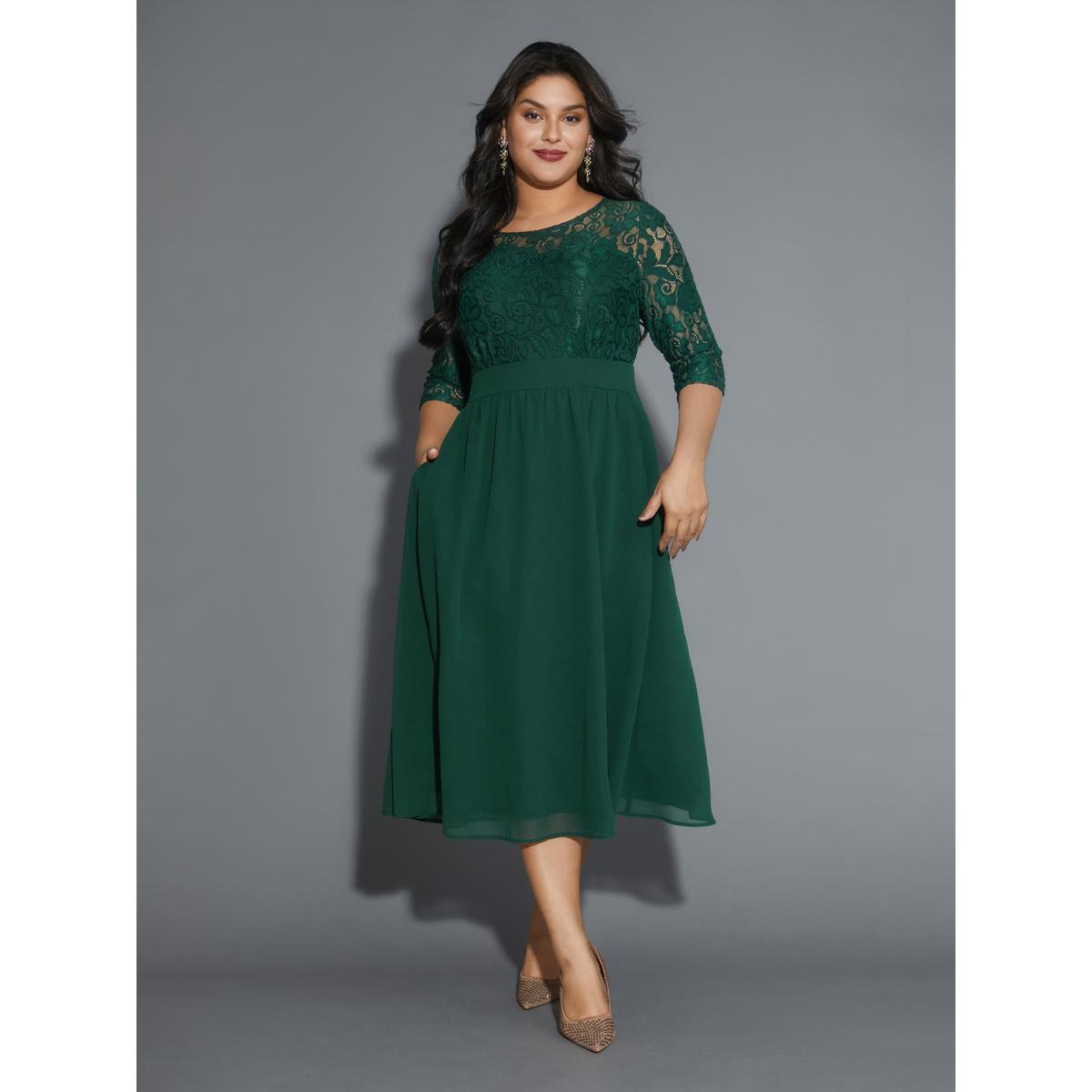 Plus Size Lace Patchwork Shirred Midi Pocket Dress DarkGreen Women Cocktail Woven ribbon&lace trim Round Neck Elbow-length sleeve Curvy BloomChic 18-20/2X Product Image