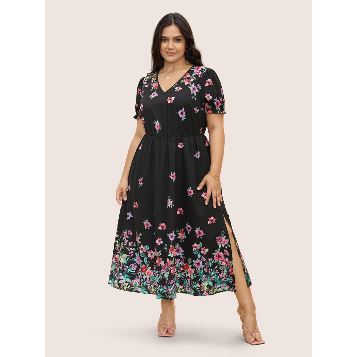 Plus Size Boho Print V Neck Elastic Waist Dress Black Women Elegant Gathered V-neck Short sleeve Curvy BloomChic 10/M Product Image