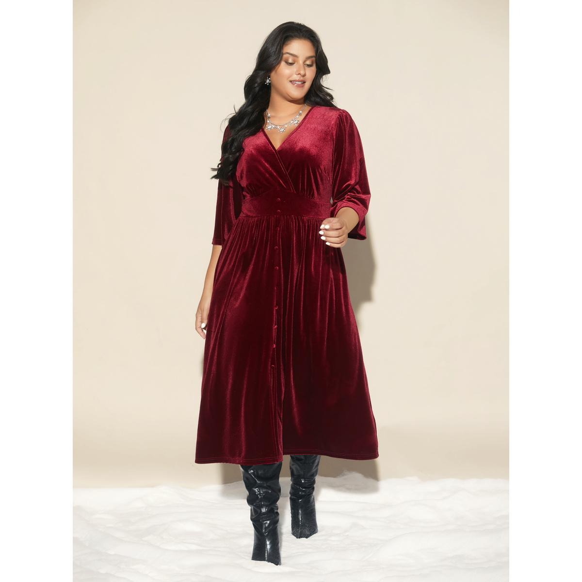 Plus Size Velvet Ruched Surplice Neckline Midi Dress Burgundy Women Formal Texture Party Curvy Bloomchic 14-16/1X Product Image