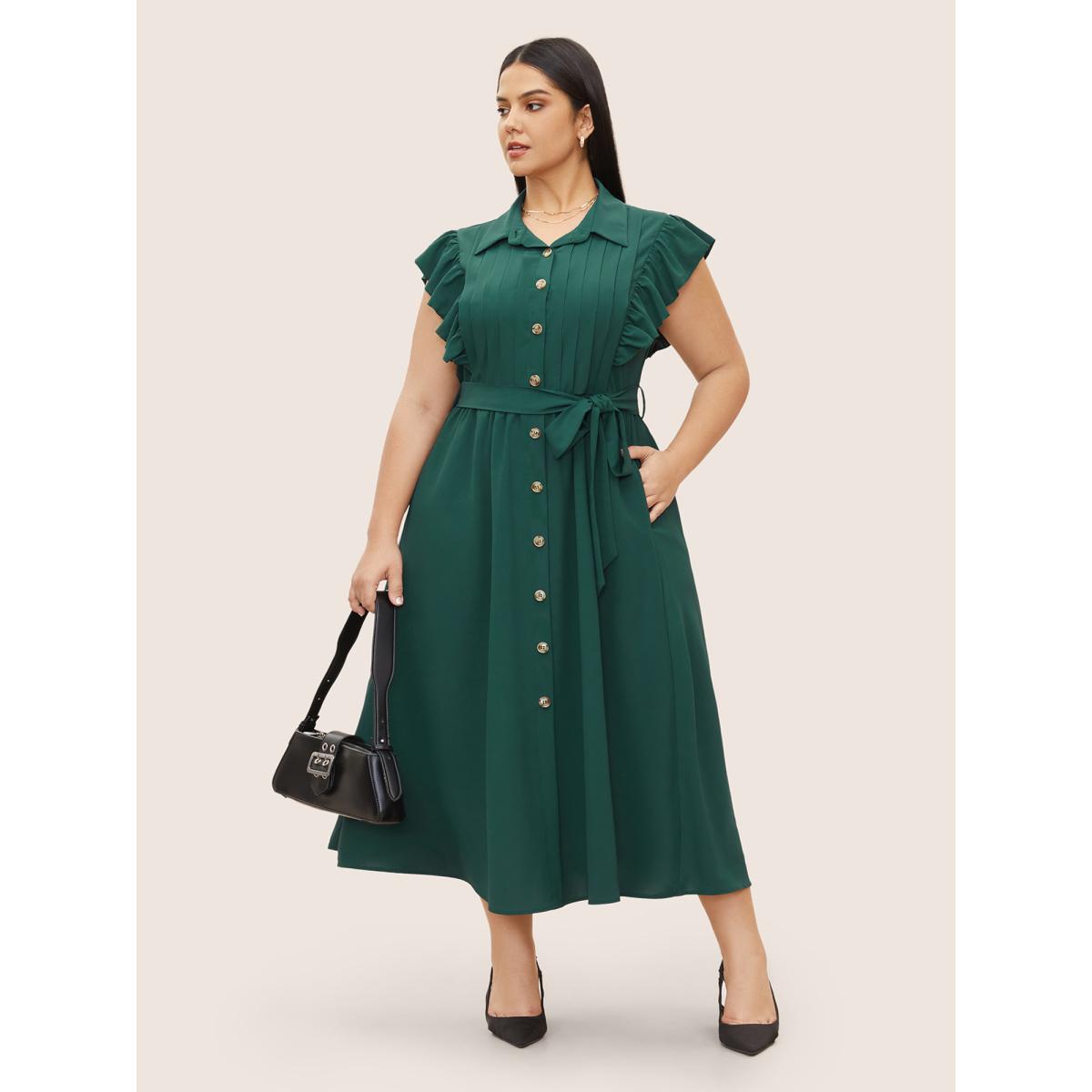 Plus Size Shirt Collar Solid Pleated Ruffle Cap Sleeve Dress DarkGreen Women At the Office Gathered Shirt collar Cap Sleeve Curvy Midi Dress BloomChic 10/M Product Image