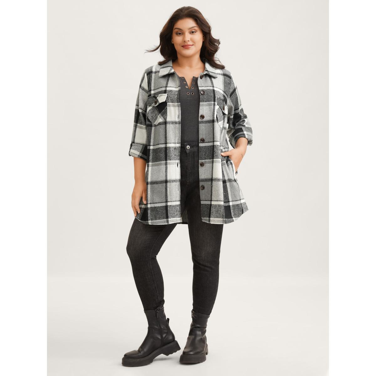 Plus Size Plaid Chest Pockets Long Jacket Women Black Button Loose Side seam pocket Casual Jackets BloomChic 10/M Product Image