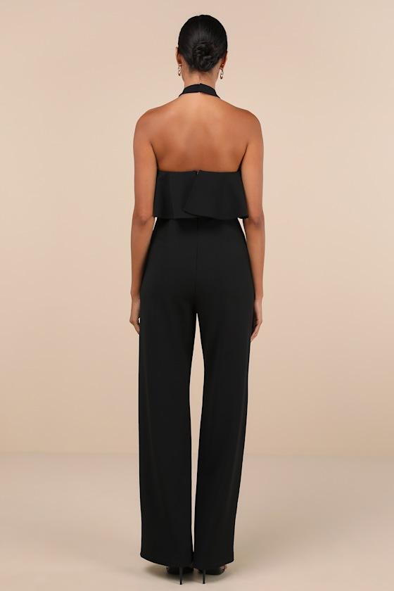 Elegant Flair Black Ruffled Wide-Leg Halter Jumpsuit Product Image