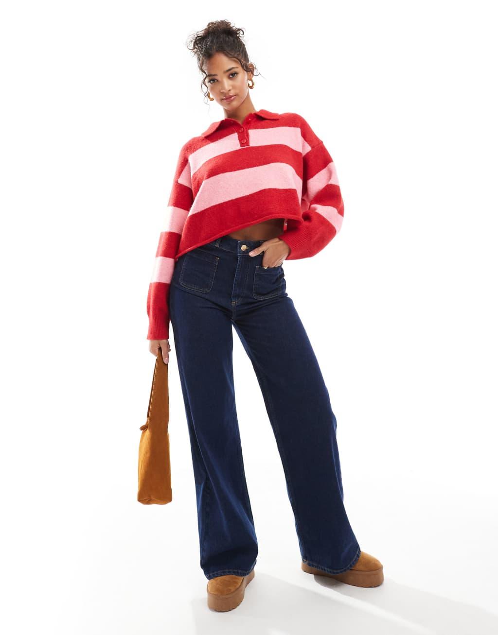 Bershka textured knitted polo sweater in red and pink stripe Product Image