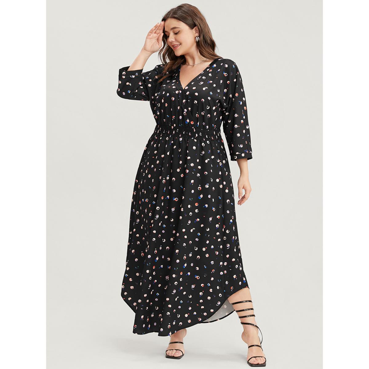 Plus Size Graphic Pocket Surplice Neck Shirred Arc Hem Dress BlackFlower Women Elegant Wrap V-neck Curvy Long Dress BloomChic 30/6X Product Image