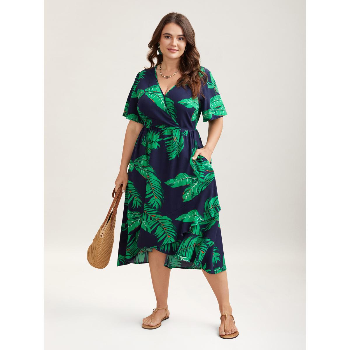 Plus Size Tropical Leaf Print Surplice Neck Midi Dress DarkBlue Women Resort Overlapping Overlap Collar Short sleeve Curvy BloomChic 22-24/3X Product Image