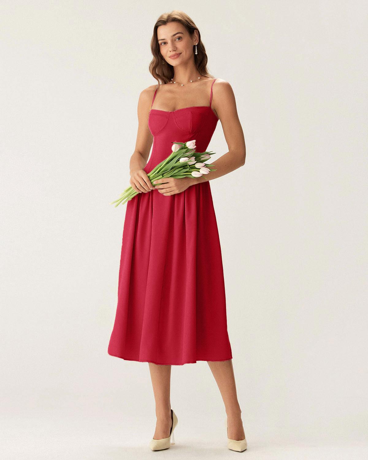 Navy Square Neck Pocket Slip Midi Dress Product Image