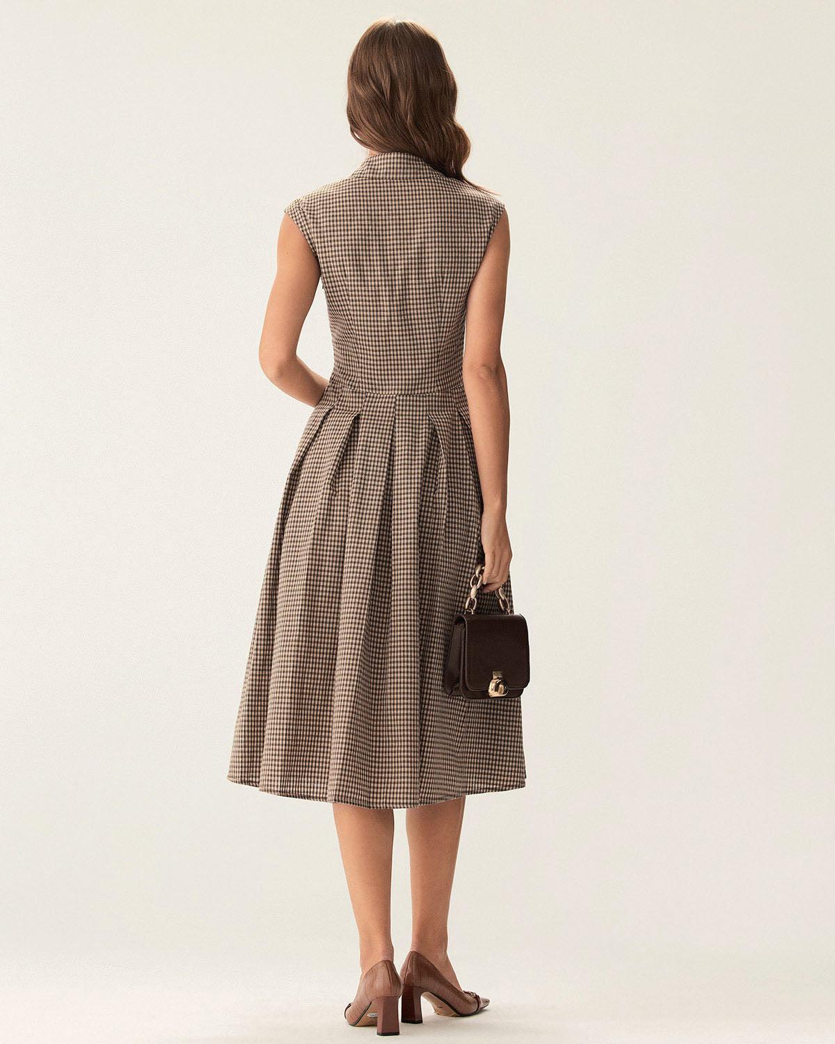 Brown Plaid Button Pleated Midi Dress Product Image