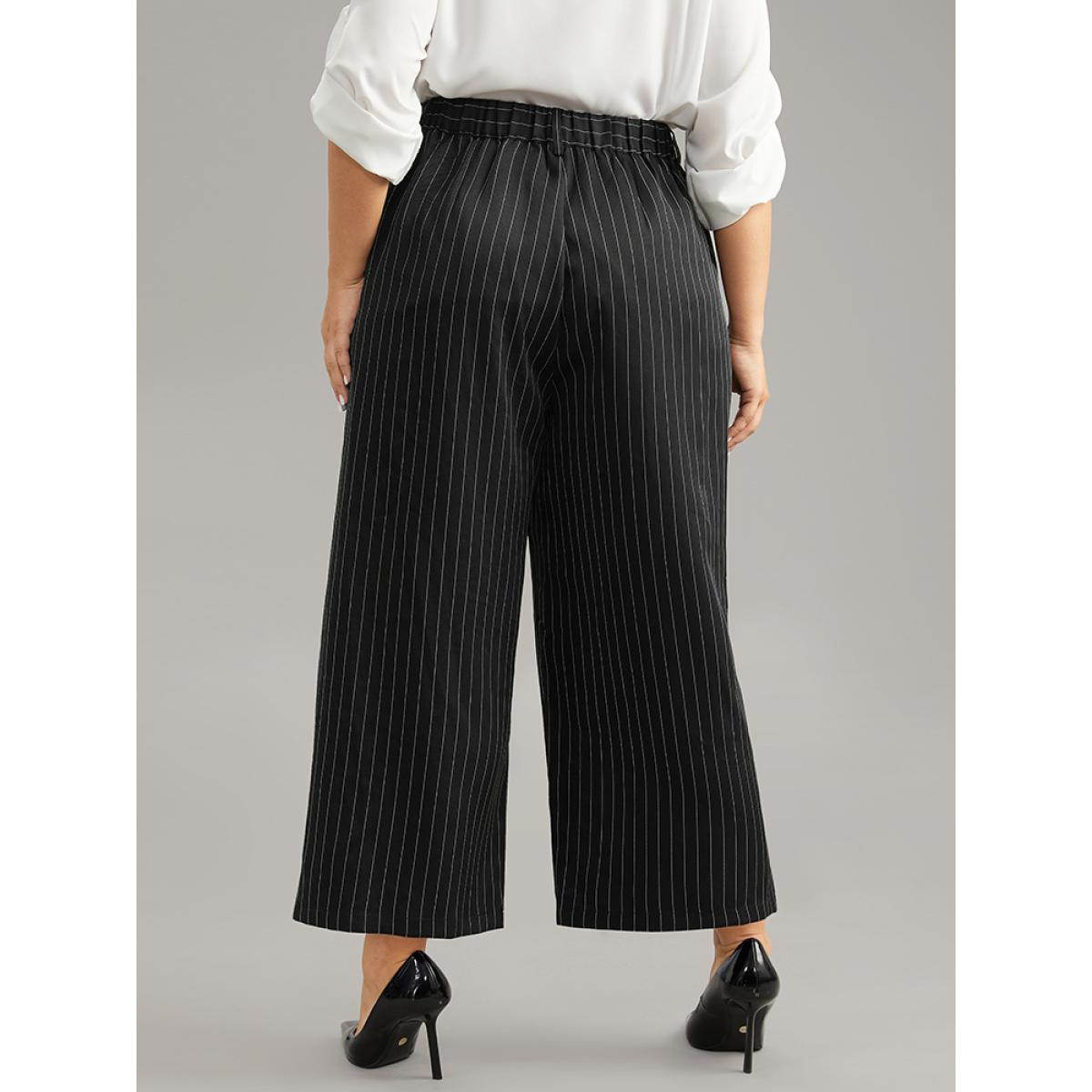 Plus Size Striped Button Up Wide Leg Pants Women Black Workwear Essentials Wide Leg High Rise Office Pants BloomChic 30/6X Product Image
