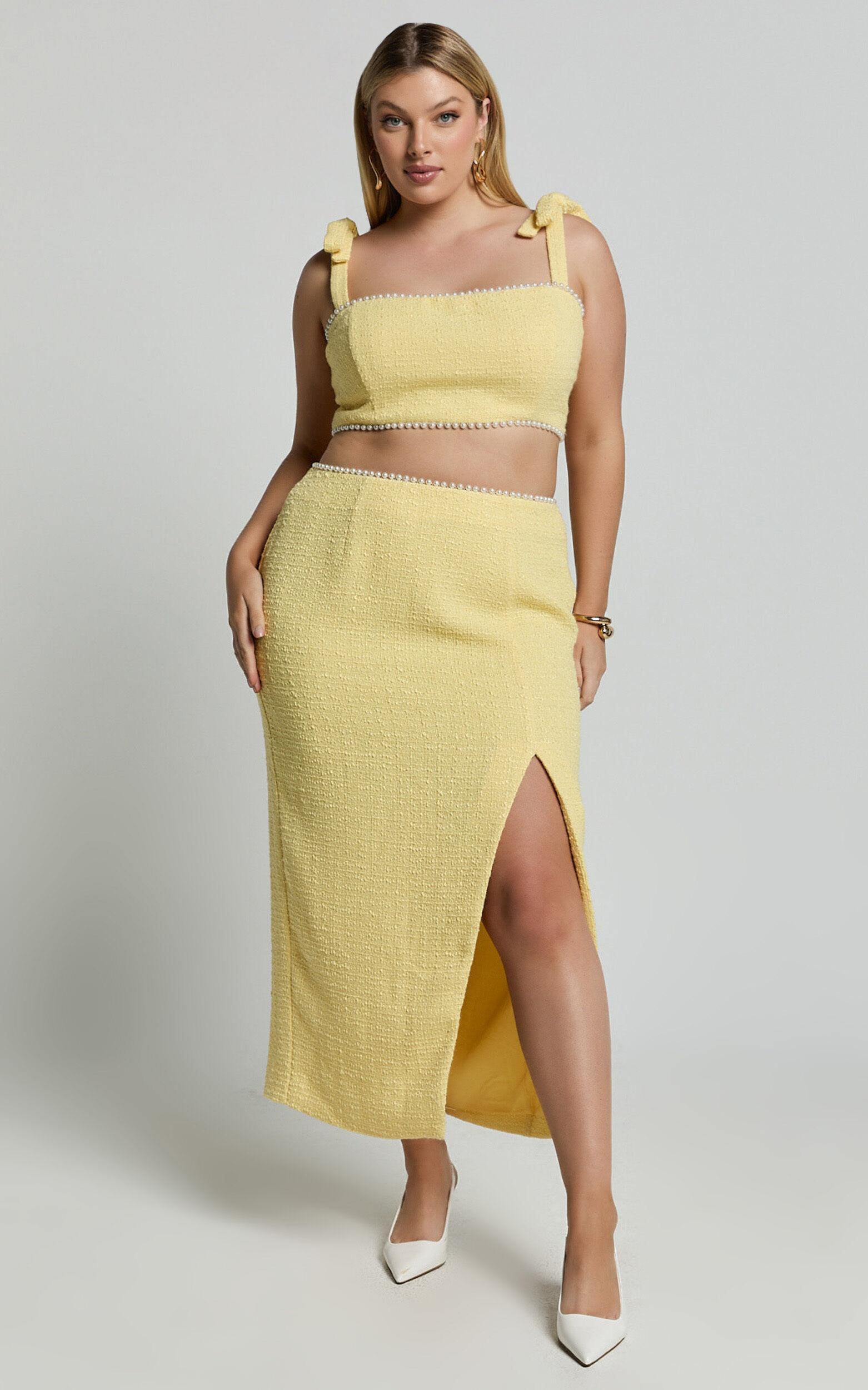 Mitzy Two Piece Set - Boucle Pearl Detail Crop And Faux Wrap Midi Skirt Set in Lemon Product Image