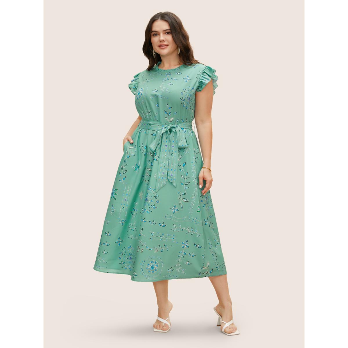 Plus Size Mock Neck Floral Ruffle Cap Sleeve Dress Palemauve Women Elegant Belted Mock Neck Cap Sleeve Curvy BloomChic 30/6X Product Image