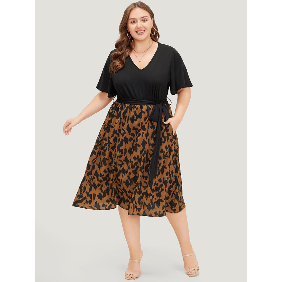 Plus Size Allover Print Contrast Belted Ruffle Sleeve Patchwork Dress Black Women Elegant Contrast V-neck Short sleeve Curvy Midi Dress BloomChic 10/M Product Image