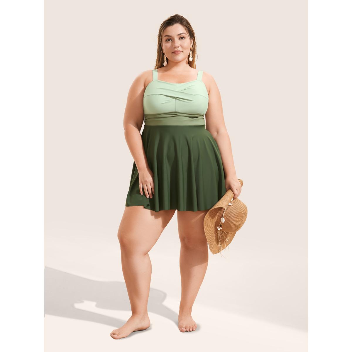 Plus Size Twist Front Patchwork Adjustable Straps Swim Dress Women's Swimwear ArmyGreen Beach Bodycon Heart neckline High stretch Curve Swim Dresses BloomChic 18-20/2X Product Image