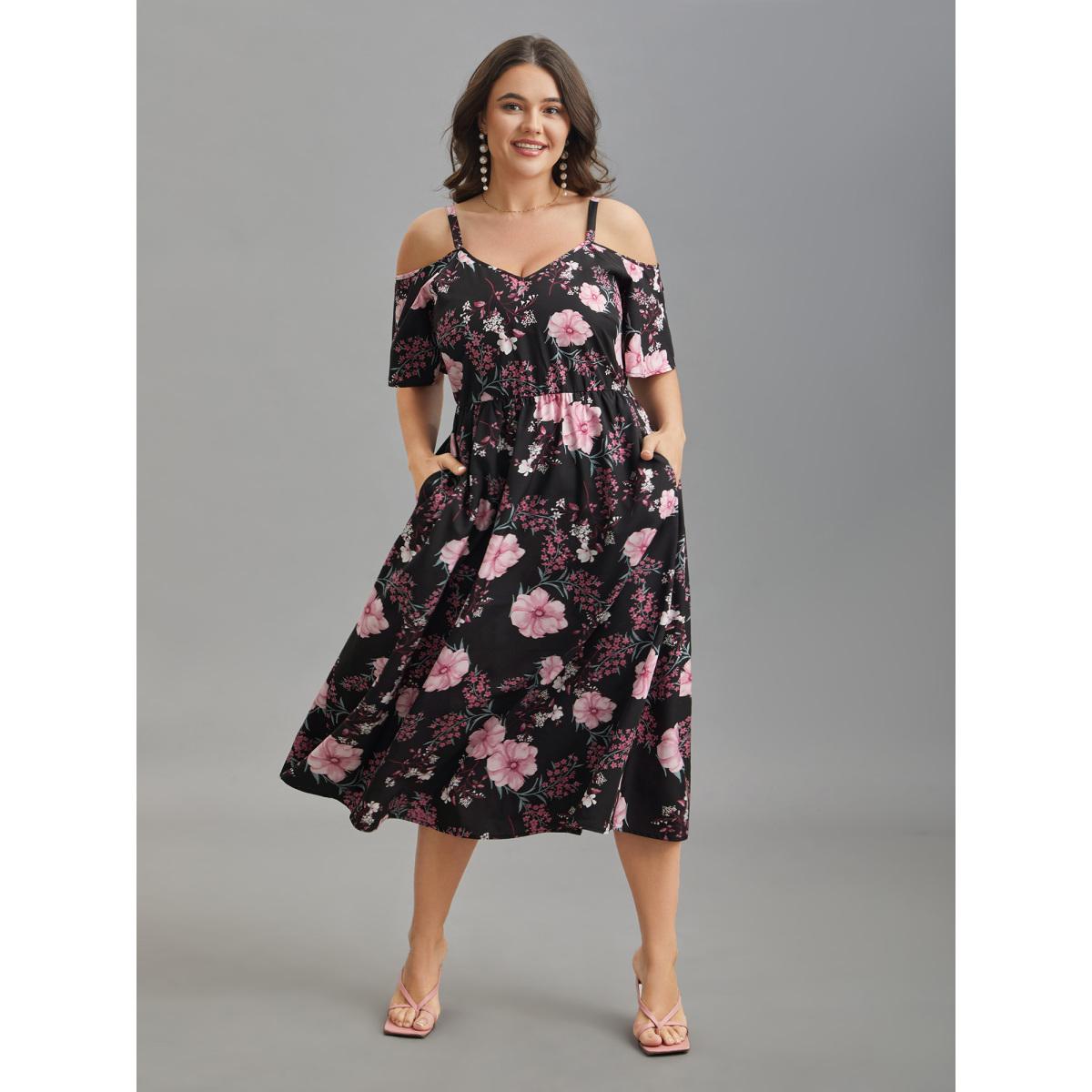 Plus Size Floral Print Cold-Shoulder Pockets Midi Dress Black Women Romantic Non Heart neckline Short sleeve Curvy BloomChic 26/4X Product Image