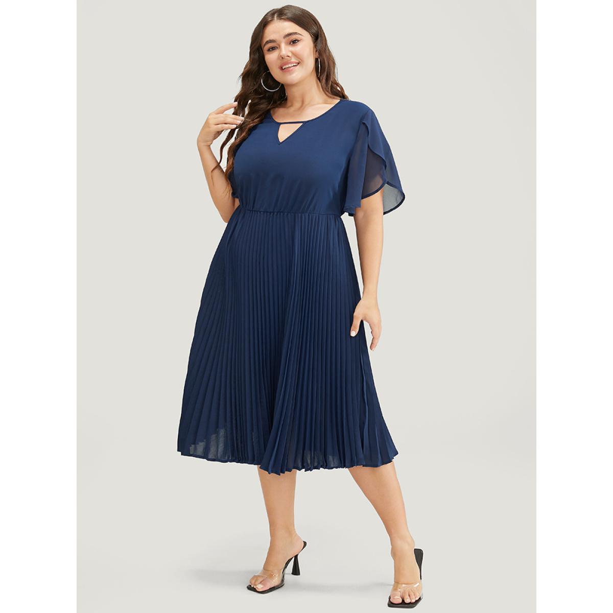 Plus Size Solid Keyhole Split Chiffon Petal Sleeve Pleated Hem Dress Navy Women Office Plain V-neck Short sleeve Curvy Midi Dress BloomChic 22-24/3X Product Image