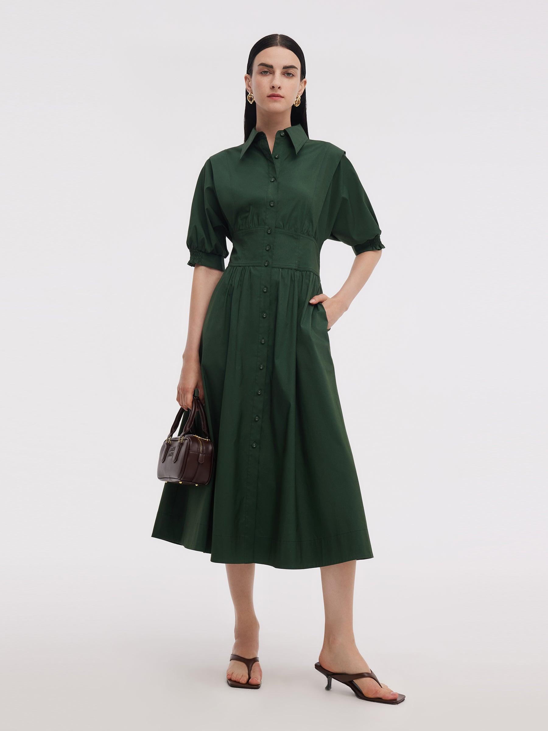 Dark Green Gathered Waist Women Maxi Shirt Dress Product Image
