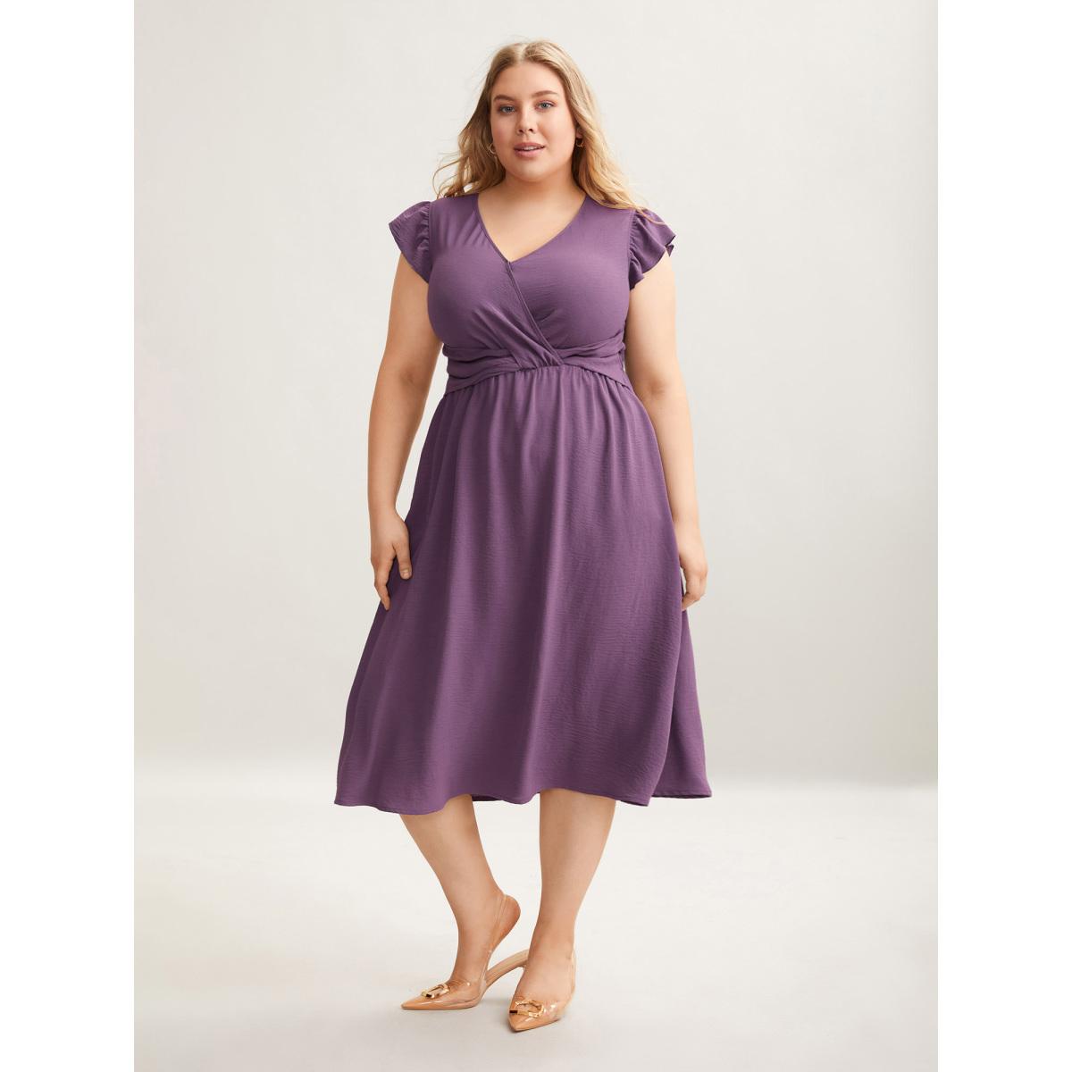 Plus Size Solid Surplice Neck Pockets Midi Dress Mauve Women At the Office Twist Overlap Collar Cap Sleeve Curvy BloomChic 14-16/1X Product Image