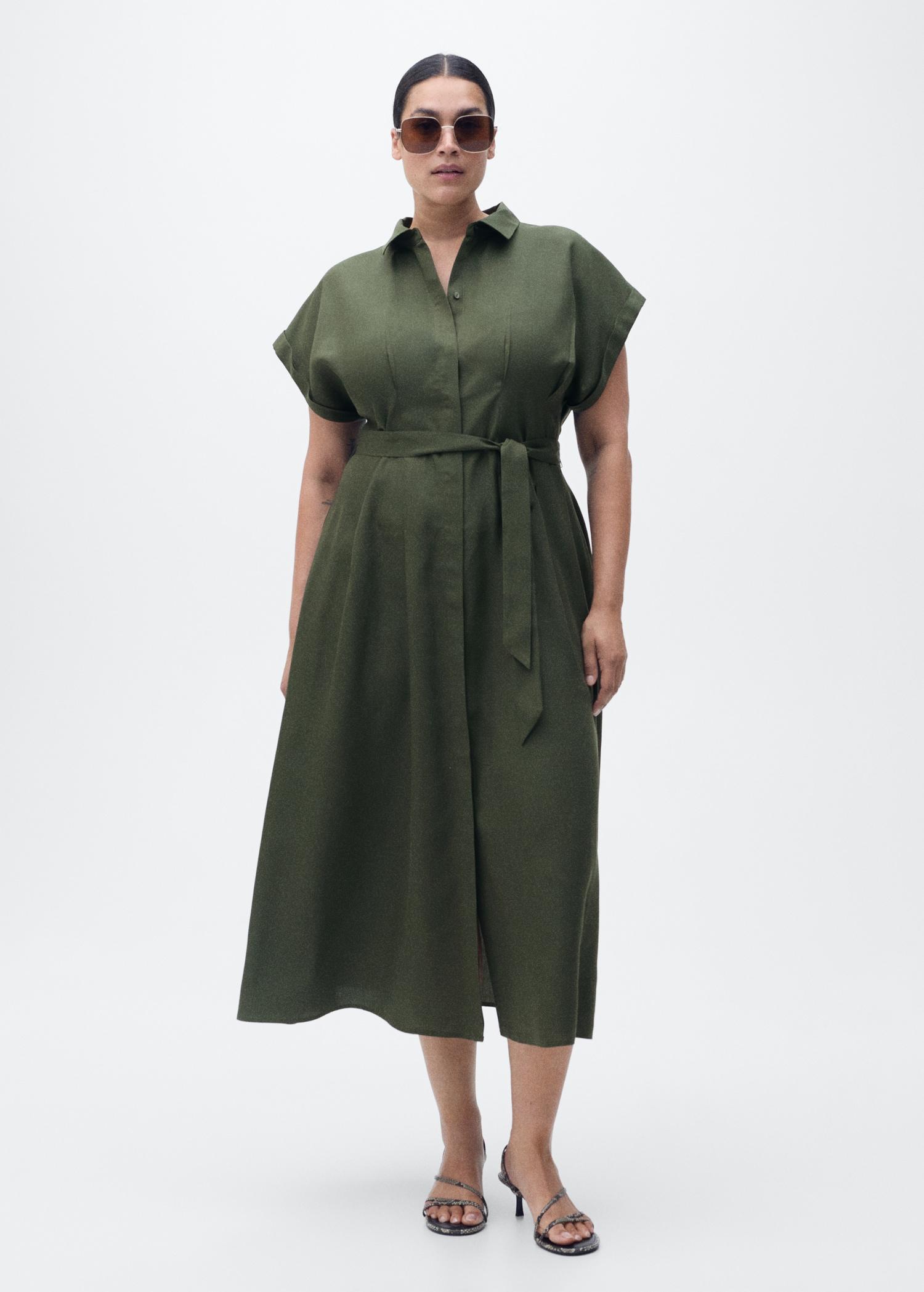 Linen and lyocell-blend shirt dress with belt - Women | MANGO USA Product Image