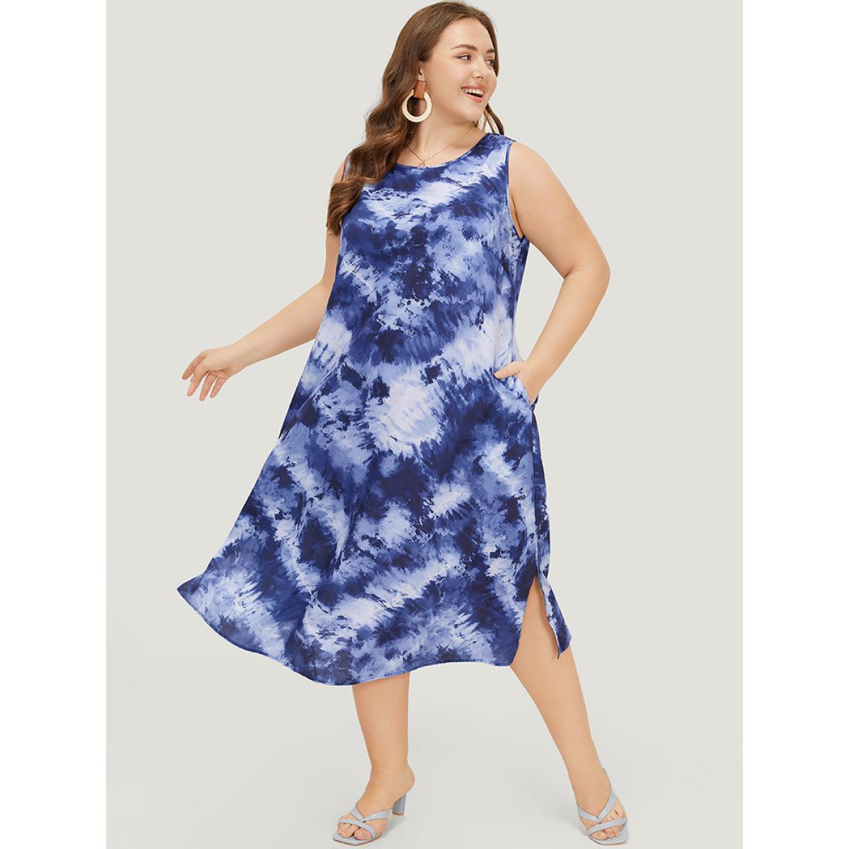 Plus Size Tie Dye Crew Neck Pocket Sleeveless Tank Dress DarkBlue Women Vacation Slit Round Neck Sleeveless Curvy Midi Dress BloomChic 14-16/1X Product Image