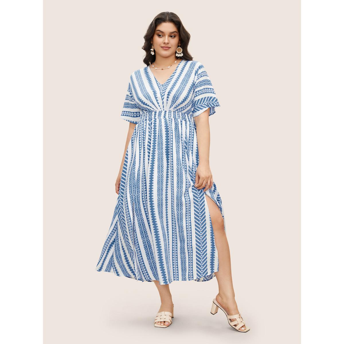 Plus Size Solid Geometric Dolman Sleeve Pocket Shirred Split Hem Dress Blue Women Resort Non V-neck Half Sleeve Curvy Long Dress BloomChic 18-20/2X Product Image