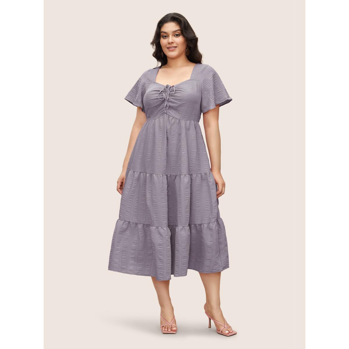 Plus Size Plain Ruched Drawstring Pocket Ruffle Tiered Dress Lilac Women Timeless Non V-neck Short sleeve Curvy Midi Dress BloomChic 22-24/3X Product Image