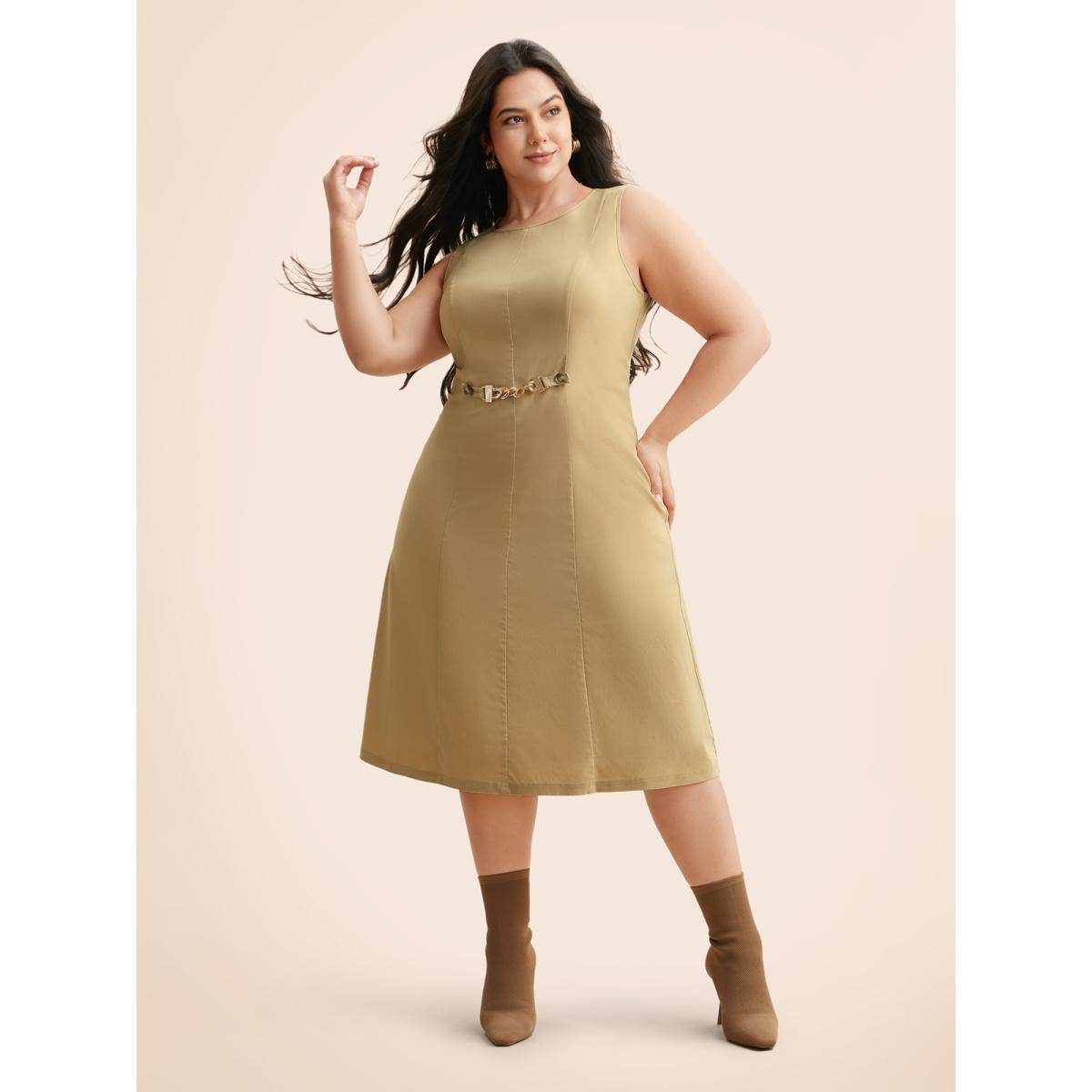 Plus Size Round Neck Metal Chain Detail Tank Dress Champagne Women Elegant Non Round Neck Sleeveless Curvy BloomChic 18-20/2X Product Image
