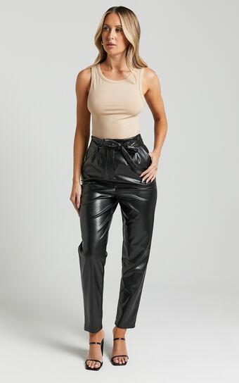 Layton Pants - Paper Bag Waist Faux Leather Pants in Black Product Image