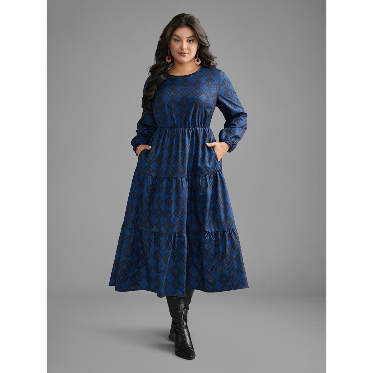 Plus Size Bandana Geometric Ruffle Layered Hem Dress Indigo Women Resort Non Round Neck Long Sleeve Curvy BloomChic 10/M Product Image