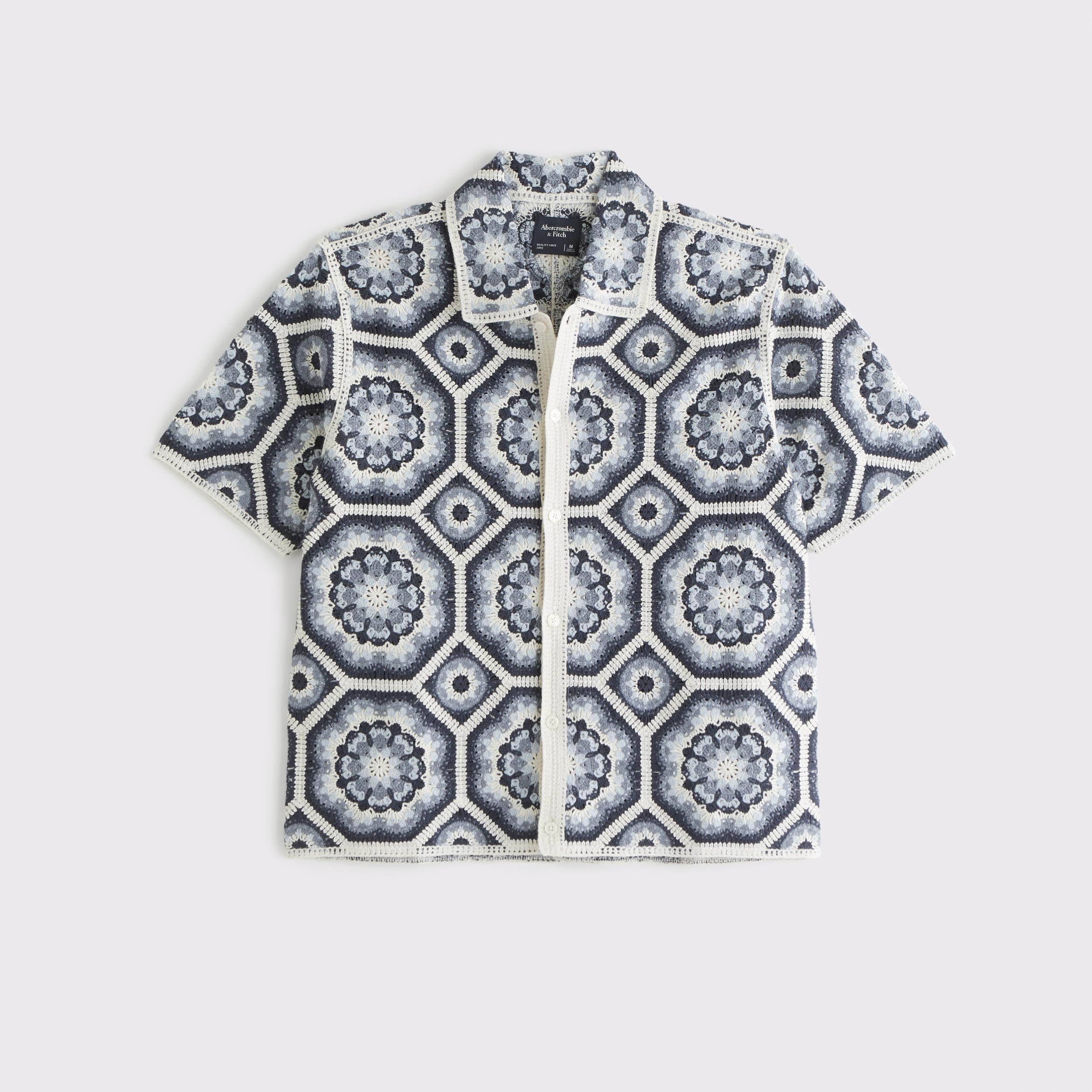 Crochet-Style Border Stripe Button-Through Sweater Polo Product Image