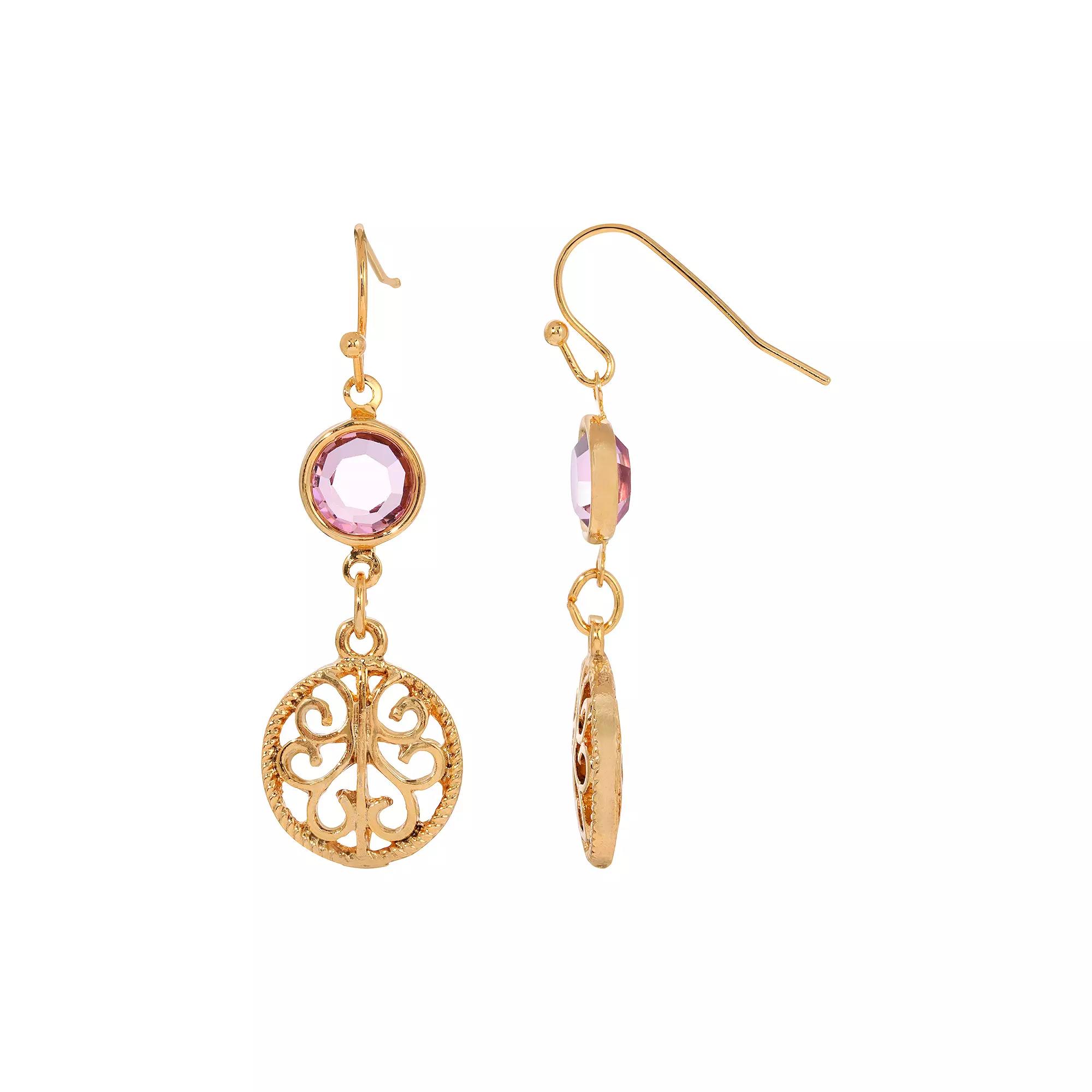 1928 Gold Tone Light Purple Crystal Filigree Drop Earrings, Womens Product Image