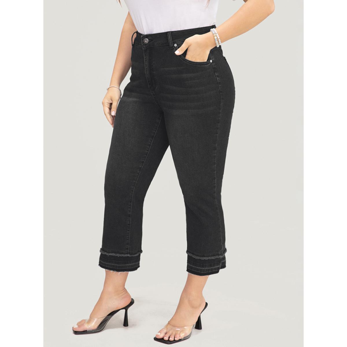 Plus Size Bootcut Very Stretchy High Rise Dark Wash Fringe Detail Jeans Women Black Casual Plain High stretch Slanted pocket Jeans BloomChic 10/M Product Image